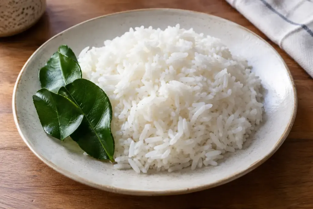 Ilustrasi AI nasi putih dengan daun jeruk di sisi piring