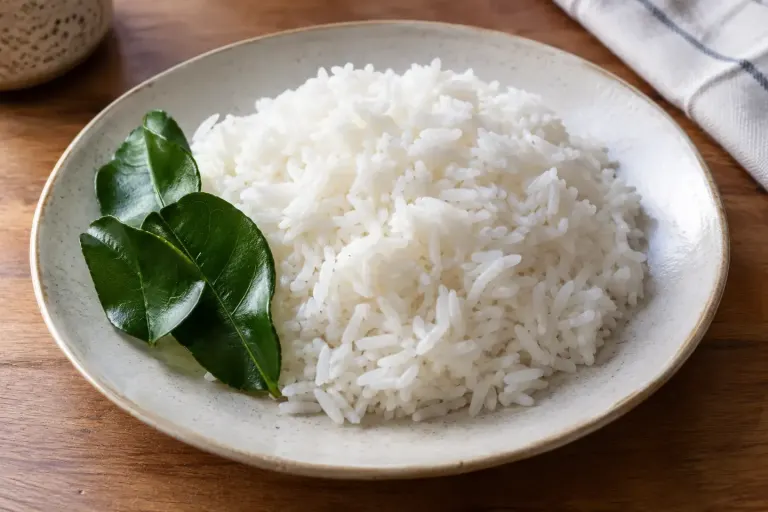 Ilustrasi AI nasi putih dengan daun jeruk di sisi piring