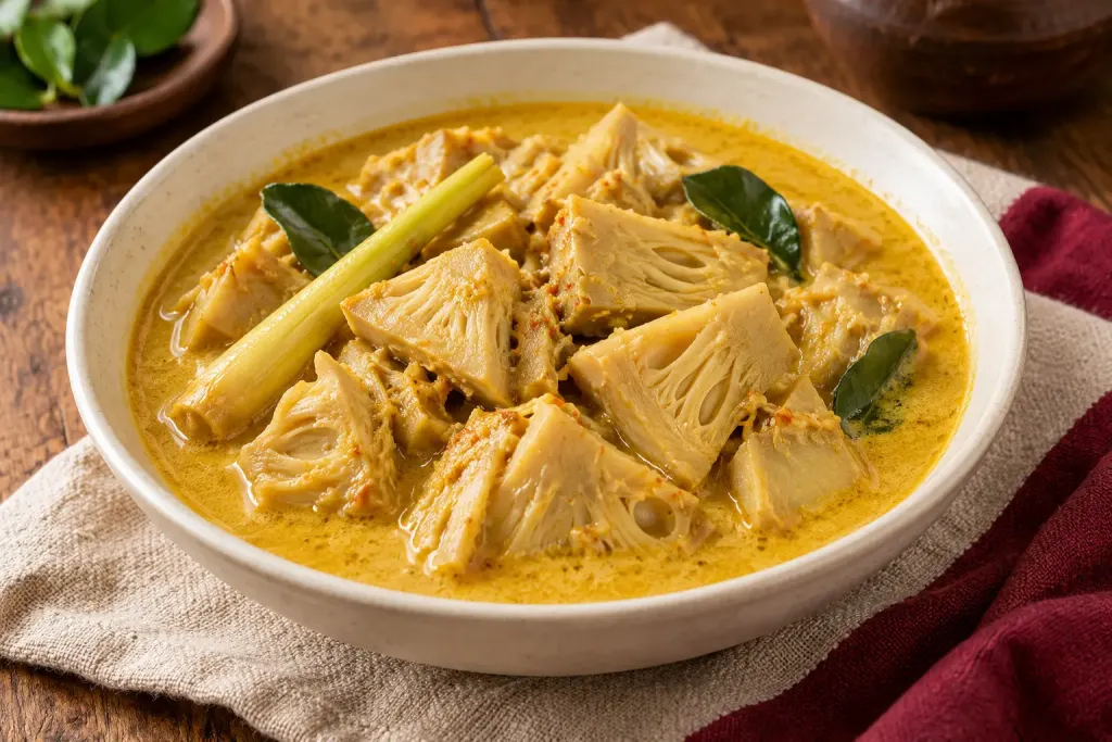 Ilustrasi gulai nangka muda dalam kuah santan kuning dengan serai dan daun aromatik