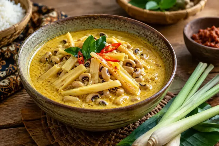 Gulai kuning berisi irisan rebung dan kacang tolo dengan serai di sisi mangkuk.