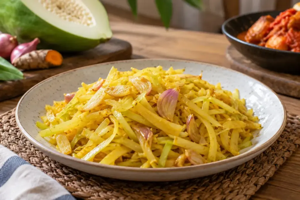 Irisan pepaya muda matang berbumbu kunyit dan bawang di atas piring.