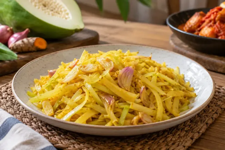 Irisan pepaya muda matang berbumbu kunyit dan bawang di atas piring.