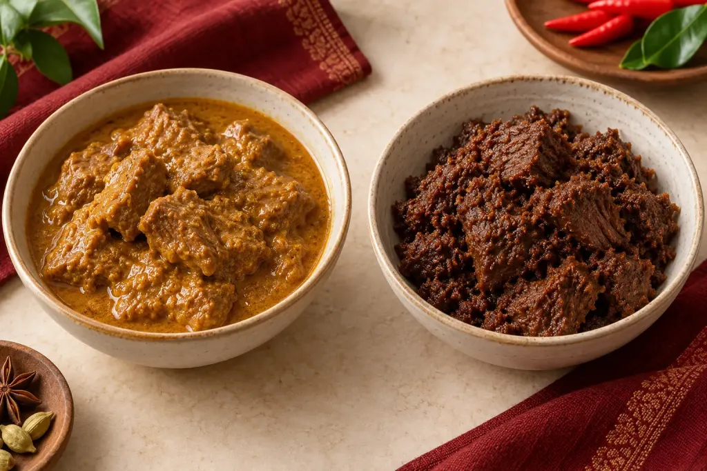Ilustrasi dua mangkuk, kalio berkuah kental di kiri dan rendang berbumbu lebih kering di kanan