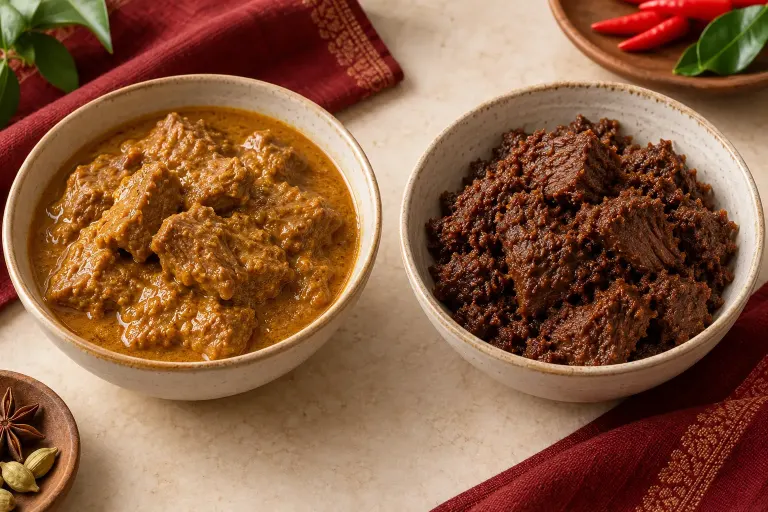 Ilustrasi dua mangkuk, kalio berkuah kental di kiri dan rendang berbumbu lebih kering di kanan