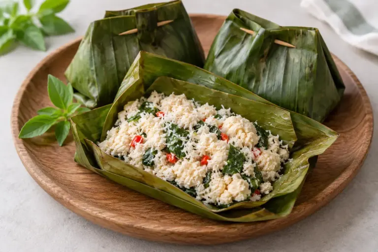 Ilustrasi AI tahu kelapa dan kemangi dalam daun pisang; bukan foto hasil uji dapur.